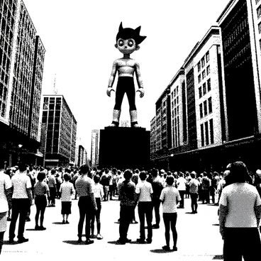 A large statue of "Astro Boy" stands prominently in a busy city square. The statue is crafted with intricate details, showcasing his signature features such as the spiky hair and expressive eyes. Surrounding the statue, groups of citizens admire it, some taking photos, while others engage in discussions. The square is filled with various architectural elements, including tall buildings and benches, creating a lively urban atmosphere. Sunlight casts shadows, enhancing the visual depth of the scene.