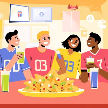 A group of four friends is sitting around a wooden table in a lively college sports bar. They are all wearing brightly colored team jerseys with bold logos on the front. The table is covered with a large platter of cheesy nachos topped with jalapeños, guacamole, and salsa. Each friend has a drink in hand; two are holding tall glasses of soda, while the others have colorful cocktails. The background is filled with sports memorabilia and large screens showing a game, creating an energetic atmosphere. The friends are smiling and sharing stories, clearly enjoying their time together.