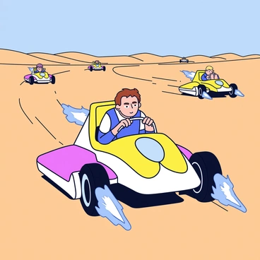 Anakin Skywalker is seated in a sleek pod-racer, gripping the controls with focus. His eyes display determination as he gazes ahead, ready to confront his rivals. The pod-racer features a streamlined design, painted in bright colors, and is equipped with powerful engines that emit blue flames. In the background, a vast desert stretches out, characterized by rolling sand dunes and a clear blue sky. Other pod-racers can be seen in competition, creating a sense of motion and excitement as they speed through the arid landscape.