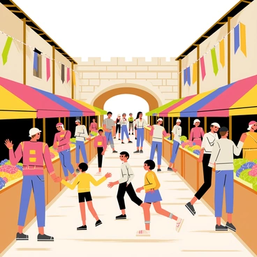 An illustration depicting a busy marketplace from medieval times