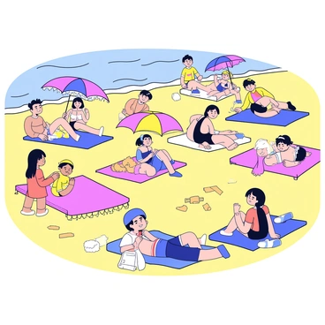 A sunny day at Haeundae Beach filled with families. Groups of people sit around vibrant beach towels in various colors spread across the sand. Brightly colored umbrellas are set up, providing shade and adding to the lively atmosphere. Children are playing nearby, building sandcastles and laughing. Adults are lounging on the beach, chatting and enjoying the warm weather. The ocean waves can be seen gently rolling in the background.