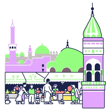 A view from a mosque's minaret overlooking a bustling market below. The minaret features intricate green detailing along its exterior, soaring high into the sky. Below, a vibrant market is filled with people engaged in various activities. Stalls are lined with colorful goods, including fruits and spices, while shoppers are seen haggling and interacting with vendors. The scene is lively, with children playing near the stalls and shoppers carrying bags filled with purchases. In the distance, traditional buildings with green rooftops are visible, contributing to the rich architectural tapestry of the area.