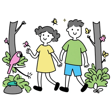 Two kids, a boy wearing a green t-shirt and shorts and a girl in a yellow dress, are walking through a vibrant rainforest. The dense foliage surrounds them with large green leaves and colorful flowers. In the background, there are tall trees with sunlight filtering through the branches. A bright red parrot is perched on a low-hanging branch nearby. On the ground, a small green frog is resting on a rock, and a colorful butterfly flutters above the girl's head. The scene captures the curiosity and excitement of the kids as they explore their surroundings.