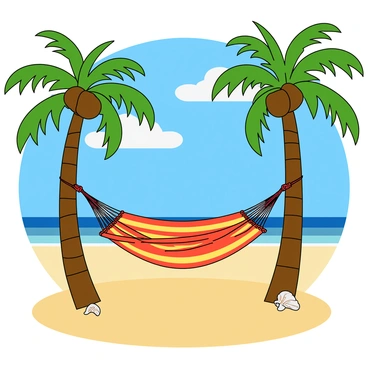 A colorful hammock is strung between two tall palm trees with green fronds swaying gently in the breeze. The trees stand on a smooth sandy beach with fine, golden sand that stretches toward the horizon. In the background, the sky is bright blue with a few fluffy white clouds scattered across. The sun casts warm rays, creating playful shadows on the ground. Near the hammock, there are a few seashells partially buried in the sand, adding to the beach’s charm.