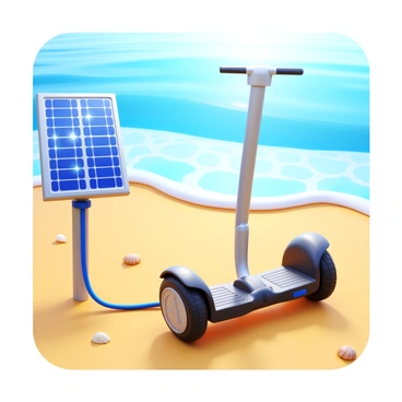 A Segway parked on the sandy beach, connected to a solar-powered charger. The charger features solar panels reflecting sunlight, while gentle waves lap at the shore in the background. The Segway has a sleek design with black and silver colors, and the beach is dotted with seashells and small pebbles. Bright sunlight illuminates the scene, creating a warm atmosphere.