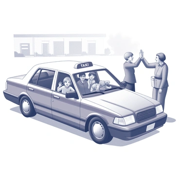 A family waving goodbye to grandparents from a taxi parked in a driveway