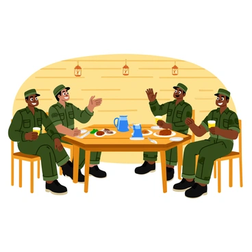 A group of four soldiers sitting at a wooden table inside a makeshift mess hall. The soldiers are wearing camouflage uniforms and are smiling while sharing a meal. Each soldier has a plate filled with food, including grilled chicken, vegetables, and rice. One soldier is raising a glass in a toast, while another is laughing. The walls of the mess hall are lined with simple wooden planks, and there are a few hanging lanterns providing warm light. On the table, there are also some utensils and a pitcher of water.