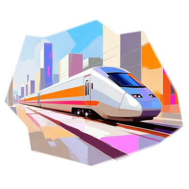 A sleek train with smooth lines and geometric patterns is speeding through a vibrant cityscape. The train features polished metal surfaces that reflect the surroundings. There are stylized skyscrapers in the background, showcasing bold shapes and elongated silhouettes. The buildings rise dramatically, adorned with intricate details that emphasize the art deco style. A clear blue sky contrasts with the city, highlighting the dynamic movement of the train as it travels swiftly through the urban environment.