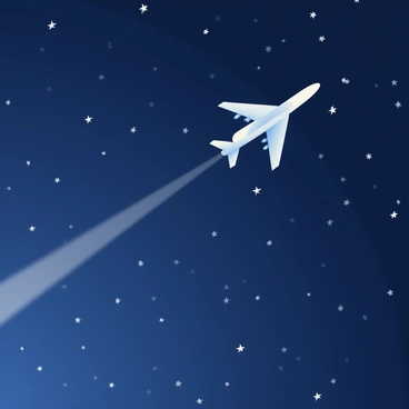 A jet is flying across the night sky, leaving behind a faint white contrail. The background is filled with countless stars, twinkling against the dark, deep blue of the sky. The jet's body is streamlined, with its wings extended. The bright points of light from distant stars are scattered throughout the scene, creating a sense of vastness and depth. The contrail gradually dissipates into the air, blending softly with the starry backdrop.