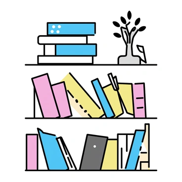 A bookshelf filled with books of various sizes and colors stacked neatly. The bookends are unique, one shaped like a tree and the other resembling a geometric figure. The books have colorful covers, featuring a range of designs and patterns, reflecting themes of diversity. Some books are standing upright while others are laid flat, creating a dynamic layout. The shelves are simple, allowing the vibrant colors and unique bookends to stand out prominently.