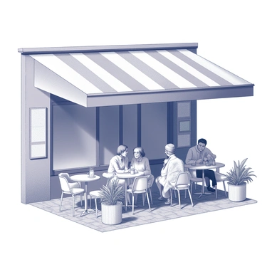 A quaint Parisian café with an inviting outdoor seating area. The café features a striped awning that provides shade to the patrons sitting at small round tables. Several customers are seated, engaged in conversation, with some enjoying flaky croissants. The tables are adorned with simple white tablecloths, and there are chairs with curved backs, typical of Parisian design. The surrounding environment includes potted plants and cobblestone streets, creating a warm and welcoming atmosphere.