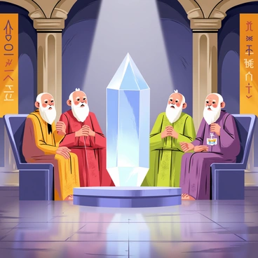 A gathering of five wise elders, each with distinct features, is seated around a large, glowing crystal at the center of a grand hall. The elders wear richly colored robes adorned with intricate patterns, while their expressions reflect deep contemplation and wisdom. The large crystal radiates a bright blue light, casting soft reflections across the hall's polished stone floor. The walls of the hall are decorated with ancient symbols and tapestries that tell stories of the past. The atmosphere is filled with an aura of knowledge and harmony as the elders share their insights.