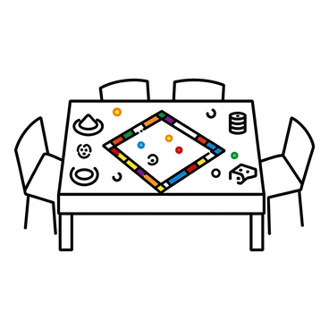 A rectangular table is positioned at the center of the image, set with a variety of snacks including bowls of chips, pretzels, and a plate of cookies. In the middle of the table, there is an open Monopoly board with colorful game pieces scattered across the spaces. Two dice sit next to the board, and a stack of play money is neatly arranged on one side. The table is surrounded by four chairs, each unoccupied, creating a casual atmosphere of an ongoing game night.