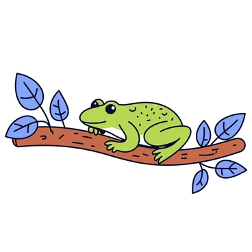 A frog with a textured skin surface is resting on a horizontal tree branch. The branch is thick and gnarled, with intricate details in its bark. Surrounding the frog are various leaves in different shapes and sizes, some overlapping the branch and others creating a partial canopy above the frog. The frog's posture is calm, with its legs tucked comfortably beneath its body. The overall composition showcases the natural habitat of the frog, highlighting the interplay between the creature and its leafy surroundings.