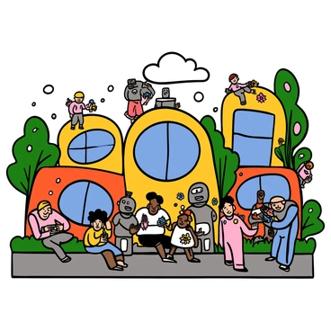 A futuristic village with sleek, modern architecture featuring rounded buildings with large glass windows. The streets are lined with greenery, including vibrant flowers and trees with metallic leaves. Humans of various ethnicities are interacting with friendly robots, some of which are humanoid in shape with shiny surfaces, while others have more utilitarian designs. Families are seen enjoying outdoor activities together, such as playing games and sharing meals. In the center of the village, a community gathering space is bustling with people and robots collaborating on projects, showcasing a harmonious blend of technology and nature.