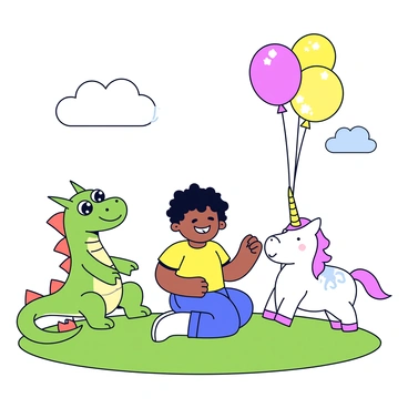 A blind child sitting on a grassy hilltop. The child has curly hair and is wearing a simple, colorful t-shirt. Surrounding the child are various fantasy creatures, each with unique features. To the left, there is a friendly dragon with bright green scales and large, sparkling eyes. On the right, a small unicorn with a shimmering white coat stands beside the child, its horn glowing softly. In the background, colorful balloons float in the air, and fluffy clouds drift by. The scene is filled with laughter and joy, creating an atmosphere of imagination and wonder.