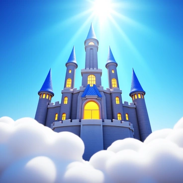 A digital castle with tall, intricate towers and large, arched windows. The castle is composed of shimmering metallic surfaces and glowing lights, giving it a futuristic appearance. Surrounding the castle are fluffy, white clouds that appear soft and voluminous. Bright beams of sunlight filter through the clouds, illuminating the castle and creating a radiant atmosphere. The scene captures the essence of a fantastical structure high above the ground in a clear blue sky.