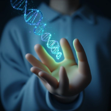 A close-up view of a human hand with pale skin, fingers slightly curled. Glowing strands of DNA in vibrant colors, such as blue and green, emerge from the fingertips. The DNA strands have a double-helix structure, shimmering with light. The background is softly blurred to emphasize the hand and the glowing strands of DNA, focusing on the intricate details of the hand and the luminous genetic material.