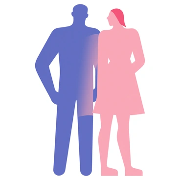 Two overlapping silhouettes, one characterized by broad shoulders and a tall stature to represent strength, and the other with a more delicate frame and soft features to convey gentleness. The silhouettes are filled with solid colors; the strong silhouette is dark blue, while the gentle silhouette is light pink. They share a space that highlights their connection, with the edges where they overlap blending into a gradient of purple. The background is a simple, light color to ensure the silhouettes stand out prominently, allowing their shapes and the interplay between strength and gentleness to be easily interpreted.