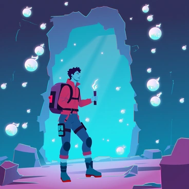 An explorer with rugged clothing and a backpack, holding a torch in one hand, is standing at the entrance of a hidden cave. The cave walls are adorned with glowing fireballs, casting warm, flickering light that illuminates the rocky surfaces. The explorer's face shows a mix of awe and determination as they gaze into the cavern. The ground is scattered with small stones and patches of moss, enhancing the natural ruggedness of the environment. The atmosphere is filled with the soft glow of the fireballs, creating a surreal, otherworldly scene.