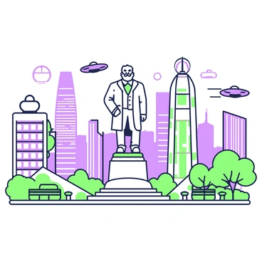 A futuristic cityscape stretches into the distance, filled with sleek, metallic buildings of varied heights and designs. In the center of the city, a prominent statue of "Karl Marx" stands tall on a circular pedestal, symbolizing his enduring legacy. The statue is intricately detailed, depicting Marx with a thoughtful expression, dressed in period clothing. Surrounding the statue, there are green spaces with trees and benches where citizens can gather. Bright lights illuminate the scene, reflecting off the glass façades of the nearby buildings, creating a vibrant atmosphere. In the background, flying vehicles zip through the sky, showcasing the advanced technology of the city.