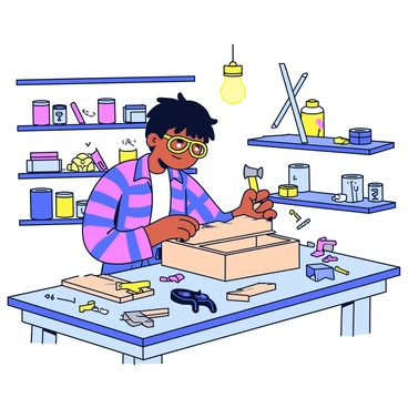 A teenager with short black hair is focused on building a DIY project in a cluttered workshop. The teenager is wearing a plaid shirt and safety goggles. The workspace is filled with various tools including a hammer, screwdriver, and a pair of pliers. There are wood scraps scattered around and a partially assembled wooden structure on the workbench. In the background, shelves are lined with paint cans, screws, and other materials. A bright light bulb hangs overhead, illuminating the scene.