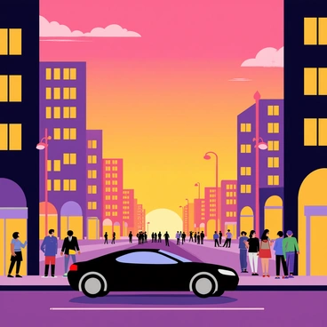 A vibrant city sunset with a silhouette of a car parked near a bustling city square