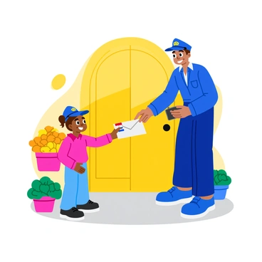 A postman in a bright blue uniform is handing a letter to a child standing by a wooden door. The child has a wide smile, with bright, sparkling eyes filled with excitement. The door is painted in a cheerful yellow color, and there are colorful flower pots on either side. The letter has a colorful design on the envelope, and the postman has a friendly expression as he extends the letter towards the child. Sunlight streams through the door, casting a warm glow on the scene.