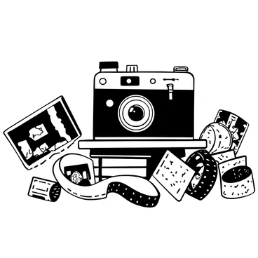An antique camera placed on a wooden table, with intricate details visible on its surface. Around the camera, there are several old photographs scattered, showcasing various scenes and moments from the past. Next to the photographs, several vintage film reels are stacked, some partially unraveled, displaying their textured film. The overall arrangement creates an atmosphere of nostalgia, capturing the essence of a bygone era.