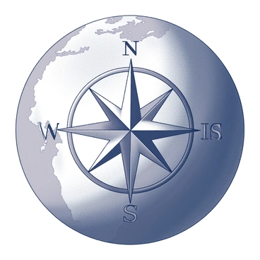 A globe depicting the Earth's continents and oceans. Overlaid on the surface of the oceans is a large compass rose. The compass rose features detailed cardinal and intercardinal directions, with ornate designs extending from the center. The globe is positioned to showcase a view of both hemispheres, allowing for a clear view of the compass rose's interaction with the globe's surface. The oceans are prominently displayed, enhancing the visibility of the compass rose overlay.