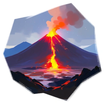 A magnificent volcano with a ruby-red glow emanating from its crater, casting vibrant light against the dark night sky. The slopes of the volcano are rugged and textured, framed by shadowy silhouettes of surrounding hills. Below, the landscape is partially illuminated, revealing patches of dark green foliage and rocky terrain. Ash and glow from the lava flow can be seen cascading down the sides, contrasting against the darkness of the night. Stars twinkle faintly above, adding depth to the scene.