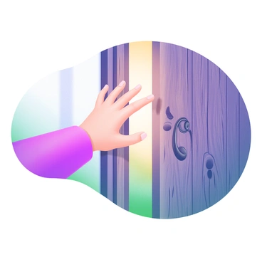 A right hand reaching to pull open a rustic wooden door.
