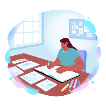 A student is sitting at a wooden desk covered with various reference images spread out in front of them. The student is focused on drawing in a sketchbook, with a pencil in hand. Brightly colored markers and art supplies are arranged neatly next to the sketchbook. In the background, a window allows soft natural light to flood the room, illuminating a bulletin board filled with inspirational art pieces. The atmosphere is vibrant and filled with a sense of creativity and concentration.