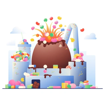 A large candy factory is filled with colorful sweets and treats. In the center, a giant vat of molten chocolate is overflowing, creating a scene reminiscent of a volcano. Brightly colored jelly beans and gummy bears are cascading out of the vat, erupting in arcs like lava. Stray pieces of candy are flying through the air, some landing on the surrounding machinery, which is decorated with swirls of caramel and sprinkles. The factory floor is covered in various candies, including lollipops and chocolate bars, creating a chaotic yet vibrant atmosphere.