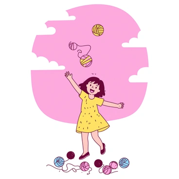 A pink sky filled with fluffy white clouds showcases several colorful yarn balls falling from above. In the foreground, a cheerful girl with short brown hair is reaching out with both arms, trying to catch the vibrant yarn balls. She is wearing a yellow dress adorned with small patterns, and her expression shows excitement. Below her, the ground is covered with scattered yarn balls in various colors, creating a playful and dynamic atmosphere.