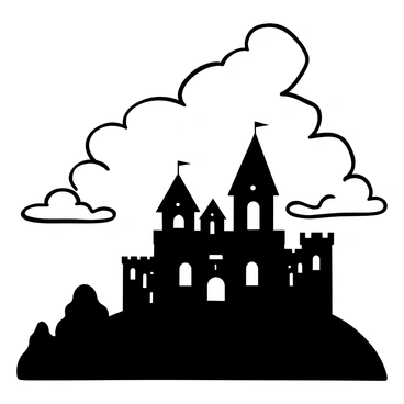 A majestic castle silhouette stands prominently against a backdrop of a large, detailed sunset sky. The clouds above the castle are intricately shaped, filling the scene with depth and contrast. The silhouette of the castle features tall towers and arched windows, creating a strong outline. The landscape surrounding the castle is simple and unobtrusive, allowing the castle to be the central focus of the illustration.