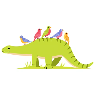 An iguanodon standing calmly on a patch of green grass. Its skin is a vibrant green with hints of brown, showcasing its large, sturdy body and distinctive thumb spikes. Colorful prehistoric birds, with feathers in shades of red, blue, and yellow, perch on its back, each bird displaying intricate patterns on their wings. The scene captures the harmony between the iguanodon and the birds, highlighting their peaceful coexistence in a lush, prehistoric landscape.