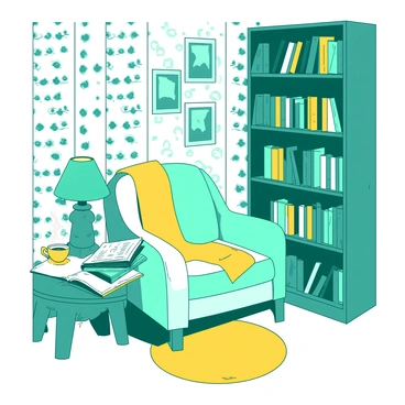 A teal reading nook is set against a backdrop of intricate white wallpaper. The nook features a plush white armchair with a soft yellow throw blanket draped over one arm. To one side, there are tall wooden bookshelves filled with various colorful books. A small white side table holds a steaming yellow cup of tea beside a stack of open books. A warm light from a teal lamp casts a gentle glow over the nook, enhancing the inviting atmosphere. A yellow rug is placed under the chair, adding comfort to the space.