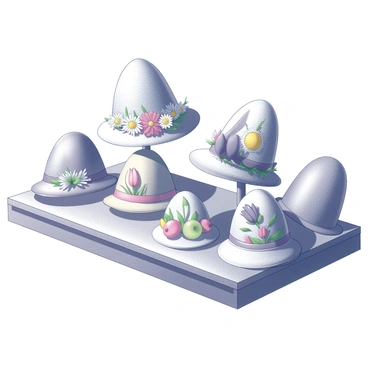 A collection of Easter bonnets arranged on a display table. Each bonnet is crafted with distinct spring themes, showcasing a variety of floral designs. Some bonnets feature intricate arrangements of daisies and tulips, while others display colorful ribbons and woven straw embellishments. The bonnets are different in shape and size, contributing to a dynamic presentation. Sunlight filters through, casting light and shadows across the bonnets, highlighting their detailed decorations and textures.