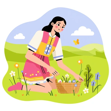 A Kazakh girl wearing a colorful traditional dress is carefully gathering herbs in a sunlit field. She kneels on the soft green grass, her basket half-filled with various herbs. The background features gentle rolling hills under a clear blue sky, dotted with fluffy white clouds. Wildflowers in shades of yellow and purple surround her, adding vibrant color to the scene. A few butterflies flutter near the herbs, emphasizing the natural beauty of the environment. The girl's focused expression reflects her connection to traditional medicinal practices.