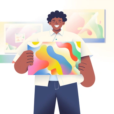 A client with light brown skin and curly black hair is standing, smiling broadly while holding an art piece in front of them. The art piece features vibrant colors, with abstract shapes and patterns that seem to flow across the canvas. The client is wearing a casual, white button-up shirt and dark jeans. Behind the client, there is a softly blurred background that suggests an art gallery setting, with other art pieces faintly visible on the walls. The lighting is warm, highlighting the client’s joyful expression and the intricate details of the art piece they are showcasing.