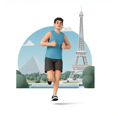 A runner, wearing a bright blue tank top and black running shorts, is in motion, showcasing an athletic build and focused expression. The runner's feet are off the ground, suggesting an energetic stride. In the background, there are famous landmarks such as the "Eiffel Tower" towering nearby with its lattice structure, and the "Louvre Museum" with its glass pyramid entrance. The scene captures a sunny day, with a clear blue sky and a few clouds. The runner is surrounded by lush greenery, adding to the vibrant atmosphere of the iconic city.