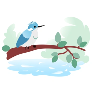 A "belted kingfisher" is perched on a low branch that extends over a "calm river". The bird has striking blue and white plumage, with a distinctive crest on its head. Below the branch, the surface of the water mirrors the kingfisher's vibrant colors. Ripples gently disturb the reflection, creating a soft shimmer on the water's surface. In the background, lush greenery frames the scene, enhancing the tranquil atmosphere.