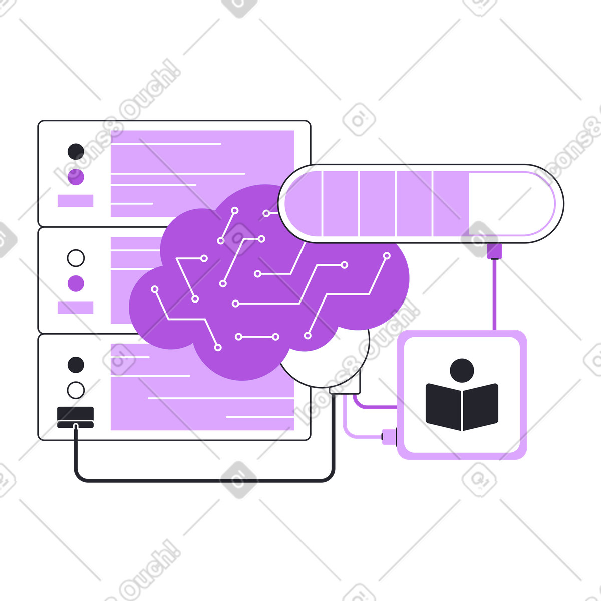 Database connected to digital brain, Machine learning and data processing illustrazione in stile Grapy scarica in PNG, SVG