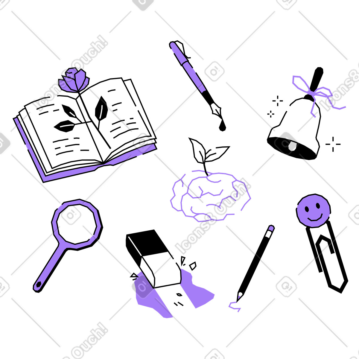 Education items and school supplies illustration in Amethyst style download in PNG, SVG