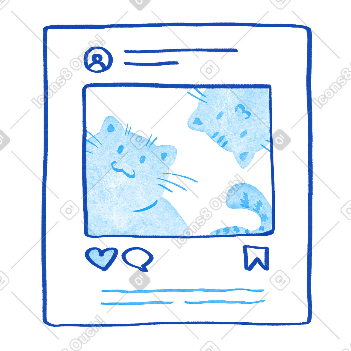 下载 Tint 风格的 Instagram style cat photo post with heart comment bubble symbols 插画，支持 PNG、SVG 格式