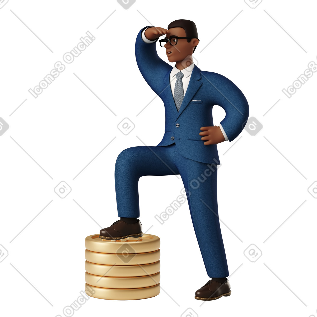 Ilustração de Empresário pisando em uma pilha moedas olhando para a distância no estilo 3D Business baixar PNG, SVG