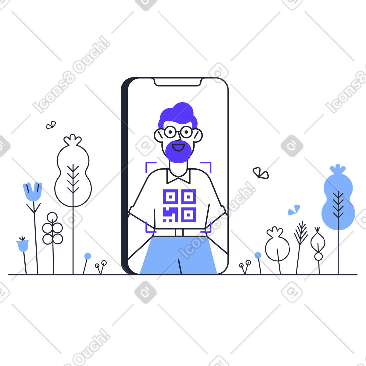 Man scans the QR-code on shirt illustration in Pablita style download in PNG, SVG