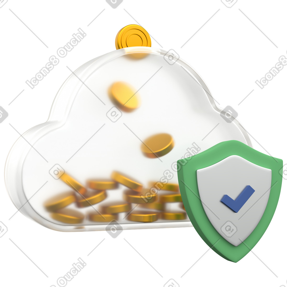 Cloud savings security with shield protecting online money and investments-Illustration im 3D Grid-Stil als Download in PNG, SVG