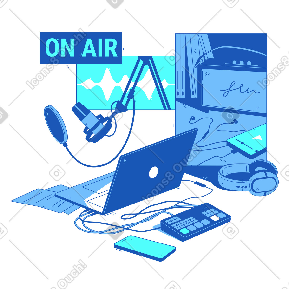 Podcast recording studio with equipment illustration in Storyline style download in PNG, SVG